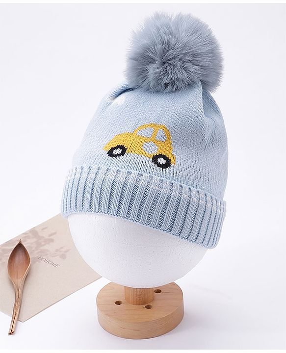 Babyhug Pom Pom Woollen Cap Car Design Medium Size - Blue