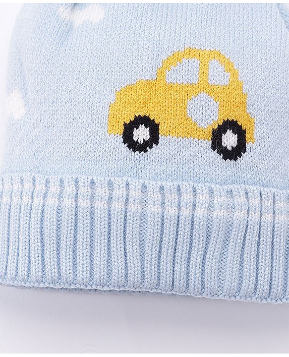 Babyhug Pom Pom Woollen Cap Car Design Medium Size - Blue