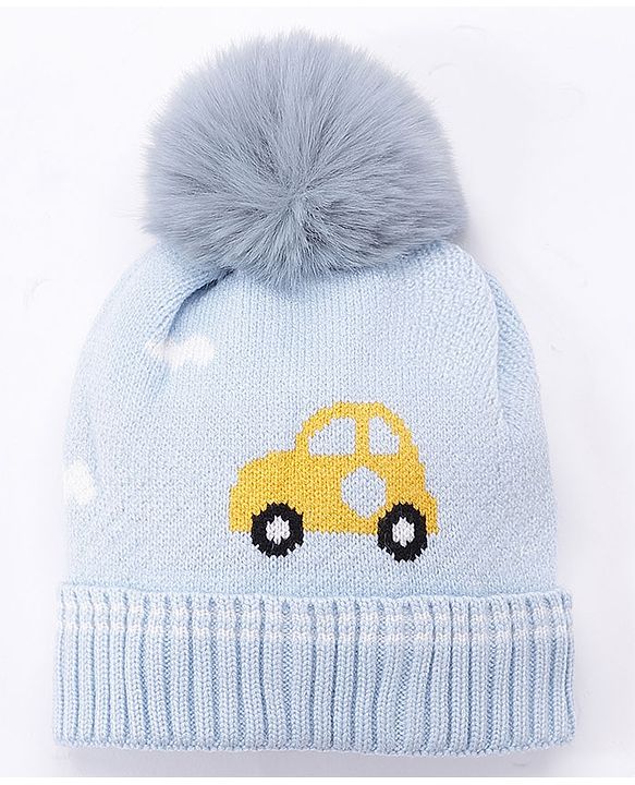 Babyhug Pom Pom Woollen Cap Car Design Medium Size - Blue