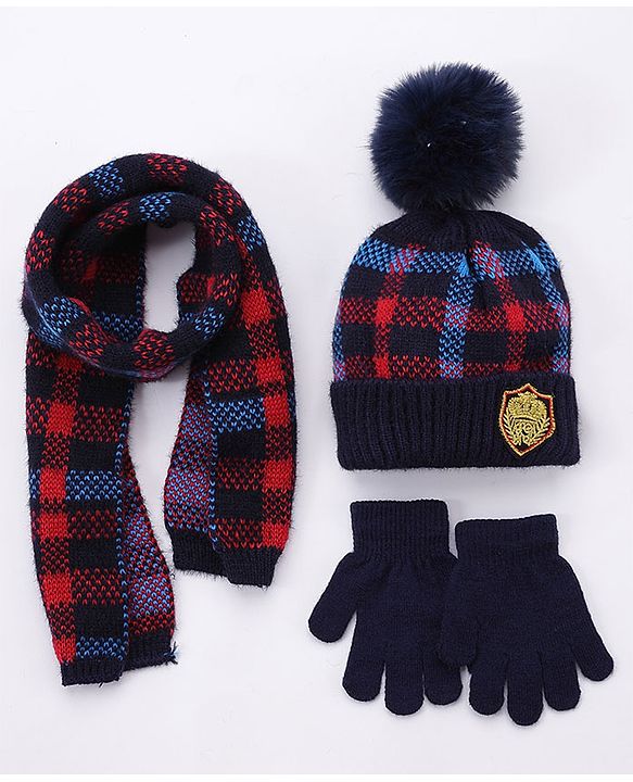 Babyhug Pom Pom Woollen Checked Cap Gloves and Muffler Set Small Size - Blue
