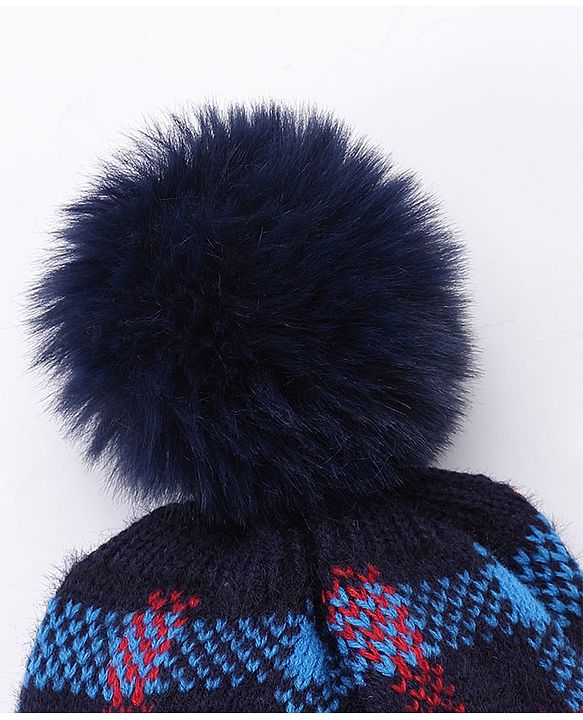 Babyhug Pom Pom Woollen Checked Cap Gloves and Muffler Set Small Size - Blue