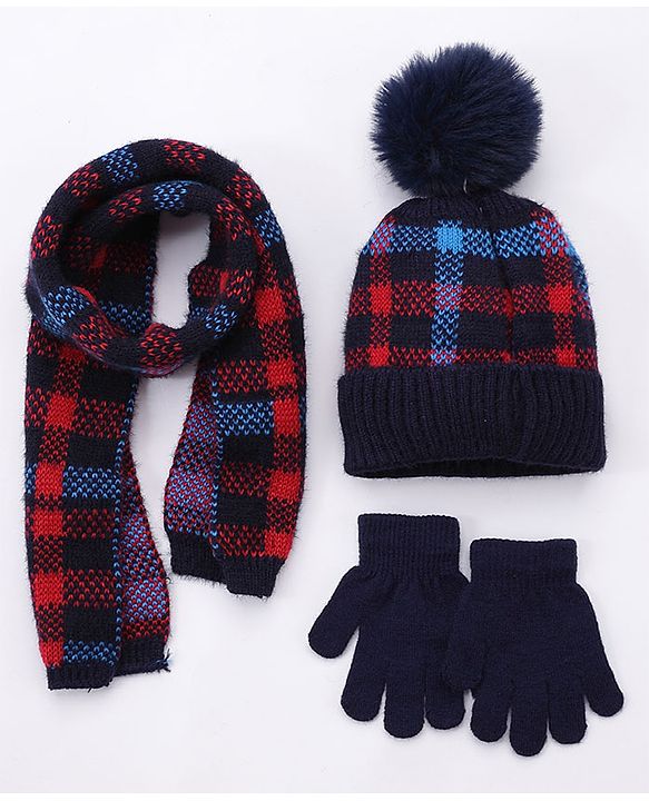 Babyhug Pom Pom Woollen Checked Cap Gloves and Muffler Set Small Size - Blue