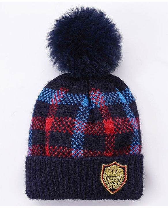 Babyhug Pom Pom Woollen Checked Cap Gloves and Muffler Set Small Size - Blue
