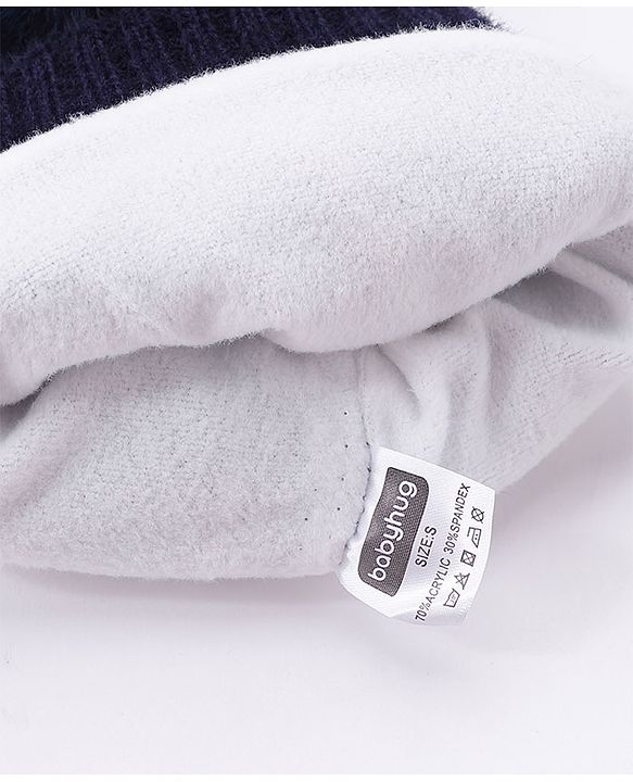 Babyhug Pom Pom Woollen Checked Cap Gloves and Muffler Set Small Size - Blue