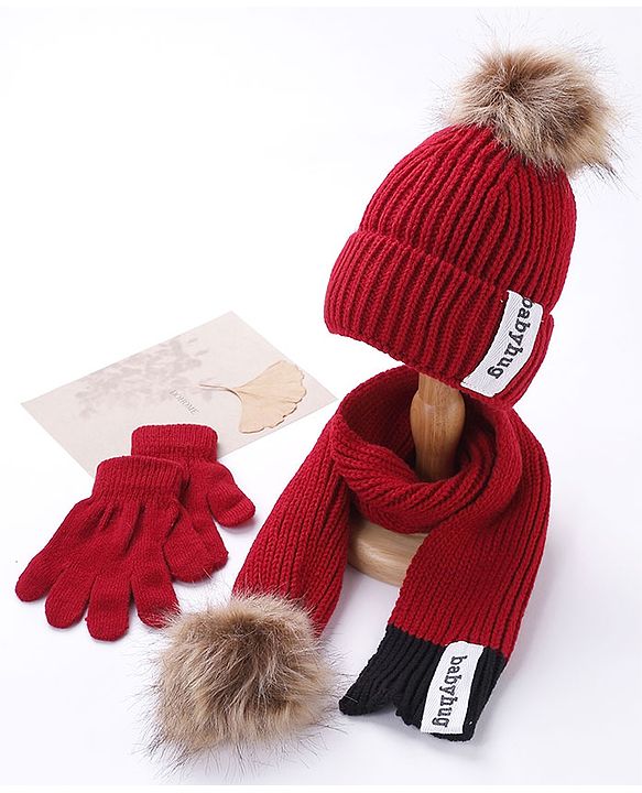 Babyhug Pom Pom Woollen Cap Gloves and Muffler Set Small Size - Red