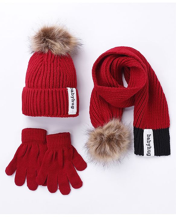 Babyhug Pom Pom Woollen Cap Gloves and Muffler Set Small Size - Red