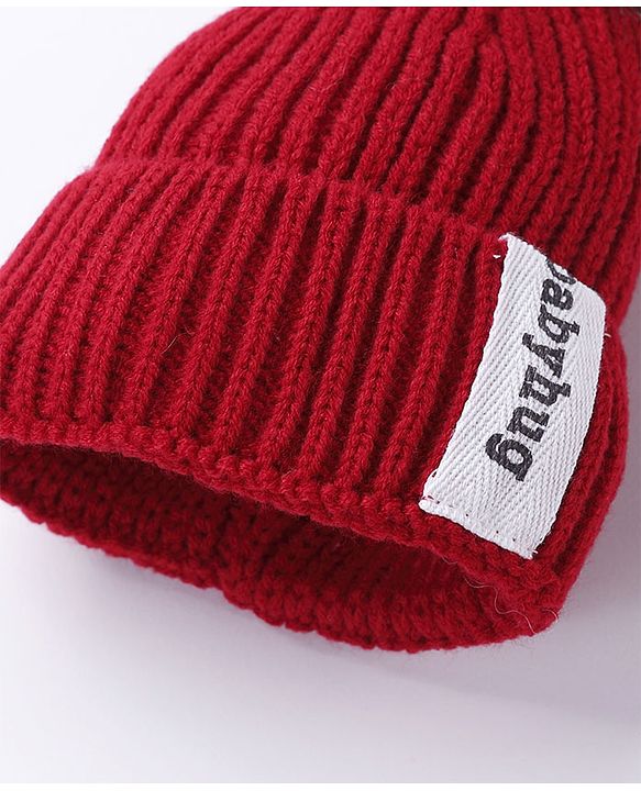 Babyhug Pom Pom Woollen Cap Gloves and Muffler Set Small Size - Red