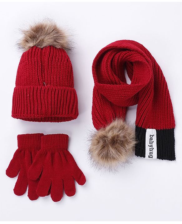 Babyhug Pom Pom Woollen Cap Gloves and Muffler Set Small Size - Red
