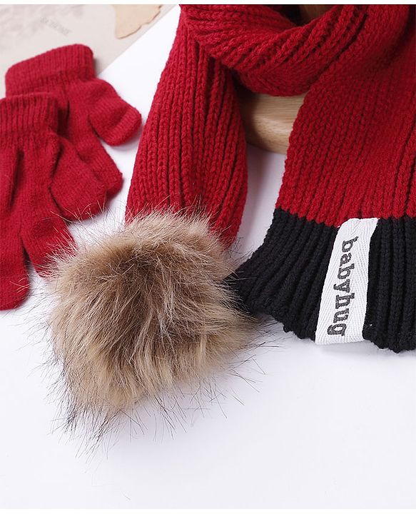 Babyhug Pom Pom Woollen Cap Gloves and Muffler Set Small Size - Red