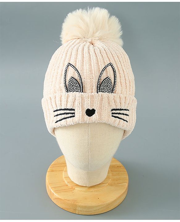 Babyhug Woollen Cap Kitten Embroidery & Applique with Pom Pom - Beige