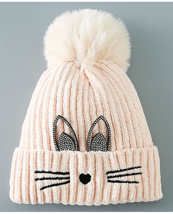 Babyhug Woollen Cap Kitten Embroidery & Applique with Pom Pom - Beige