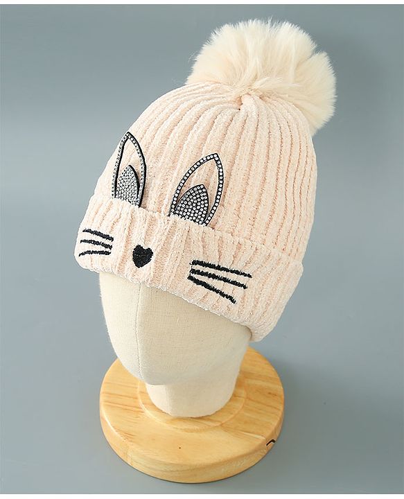 Babyhug Woollen Cap Kitten Embroidery & Applique with Pom Pom - Beige