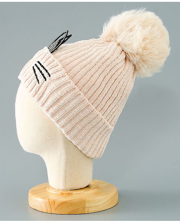 Babyhug Woollen Cap Kitten Embroidery & Applique with Pom Pom - Beige