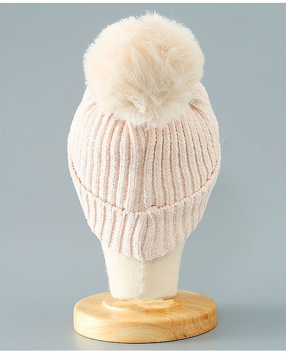 Babyhug Woollen Cap Kitten Embroidery & Applique with Pom Pom - Beige