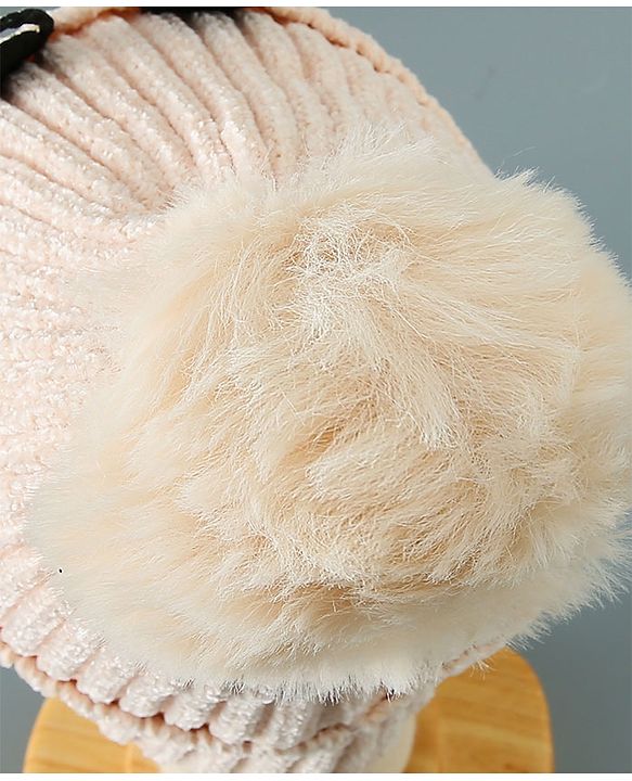 Babyhug Woollen Cap Kitten Embroidery & Applique with Pom Pom - Beige