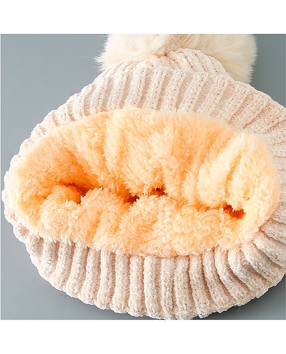 Babyhug Woollen Cap Kitten Embroidery & Applique with Pom Pom - Beige