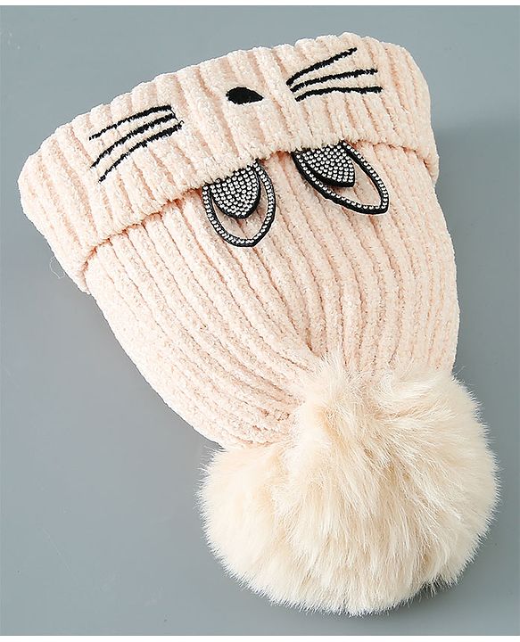 Babyhug Woollen Cap Kitten Embroidery & Applique with Pom Pom - Beige