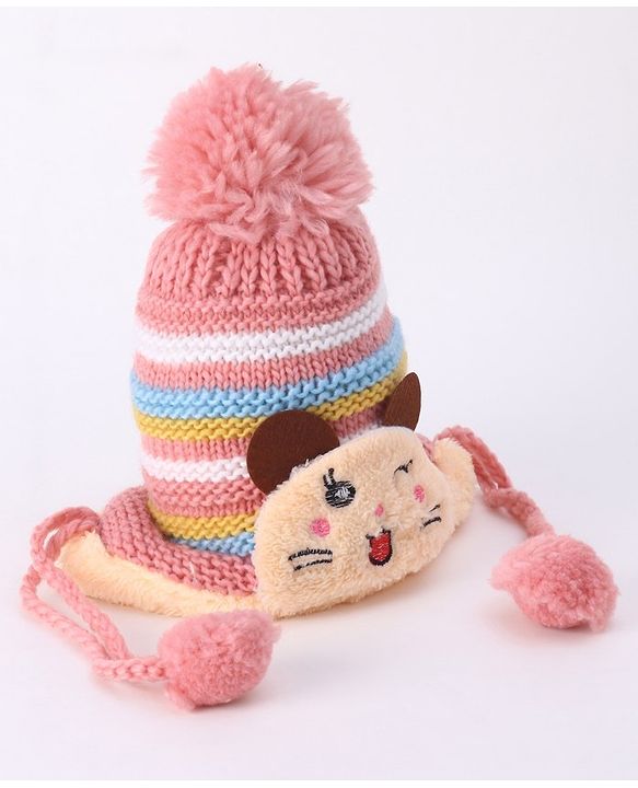 Babyhug Woollen Cap With  Kitten Design & Pompom - Yellow