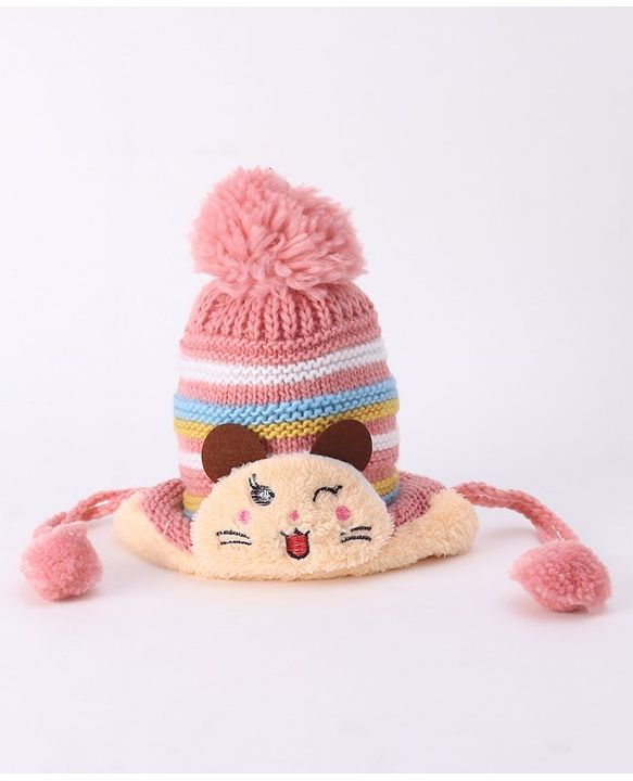 Babyhug Woollen Cap With  Kitten Design & Pompom - Yellow