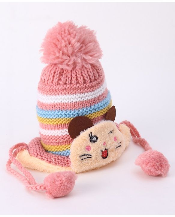 Babyhug Woollen Cap With  Kitten Design & Pompom - Yellow