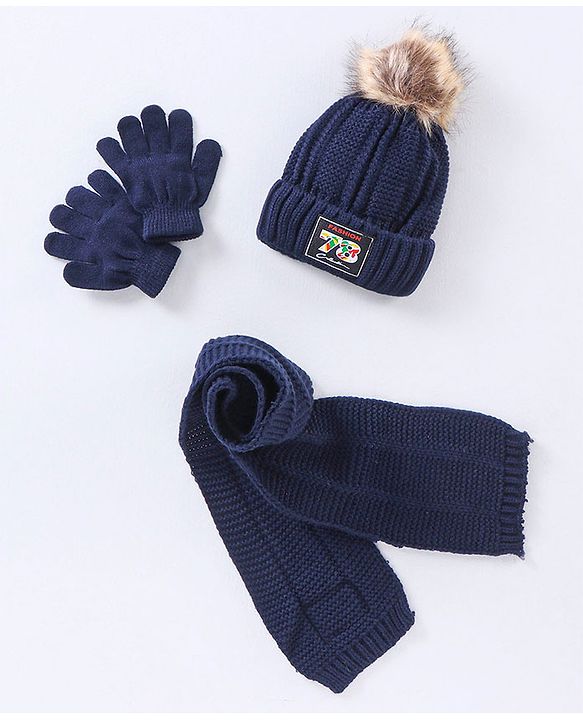 Babyhug Pom Pom Woollen Cap Gloves and Muffler Set Medium Size -  Navy Blue