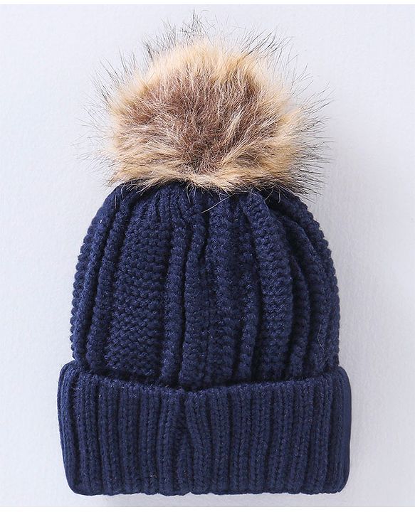 Babyhug Pom Pom Woollen Cap Gloves and Muffler Set Medium Size -  Navy Blue