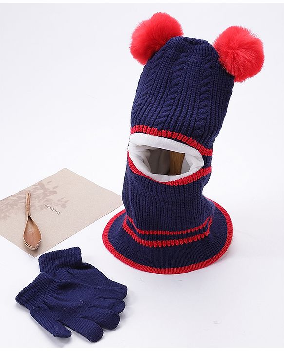 Babyhug Woollen Cap With Pompom & Gloves - Navy Blue