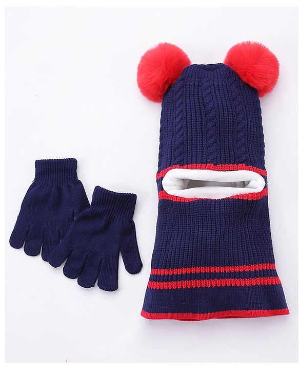 Babyhug Woollen Cap With Pompom & Gloves - Navy Blue