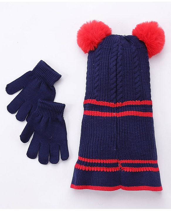Babyhug Woollen Cap With Pompom & Gloves - Navy Blue