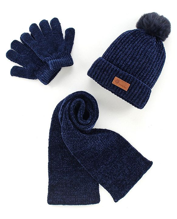 Babyhug Woollen Cap With Muffler & Gloves Solid Colour - Navy Blue