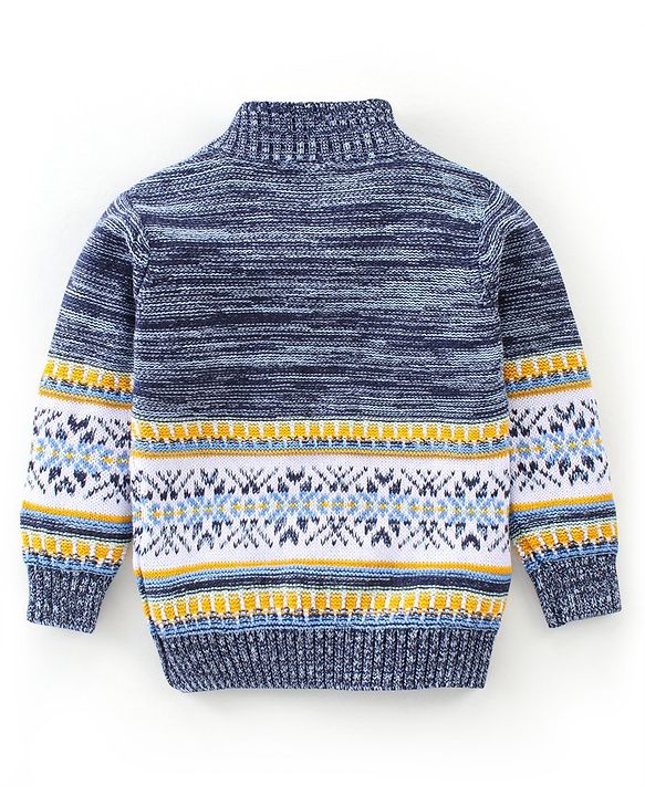 Babyhug 100% Cotton Knit Full Sleeves High Neck Sweaters with Argyle Design - Navy