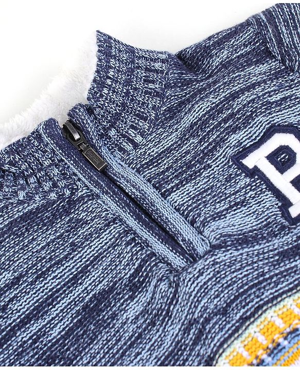 Babyhug 100% Cotton Knit Full Sleeves High Neck Sweaters with Argyle Design - Navy
