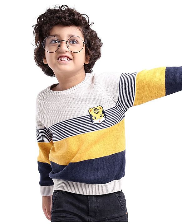 Babyhug Knit Full Sleeves Sweater Stripes Design With Tiger Patch- White Yellow & Blue
