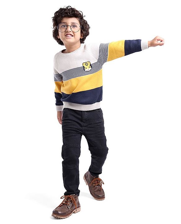 Babyhug Knit Full Sleeves Sweater Stripes Design With Tiger Patch- White Yellow & Blue