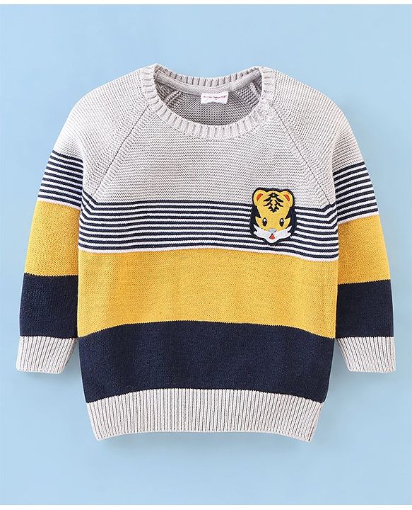 Babyhug Knit Full Sleeves Sweater Stripes Design With Tiger Patch- White Yellow & Blue
