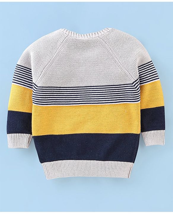 Babyhug Knit Full Sleeves Sweater Stripes Design With Tiger Patch- White Yellow & Blue