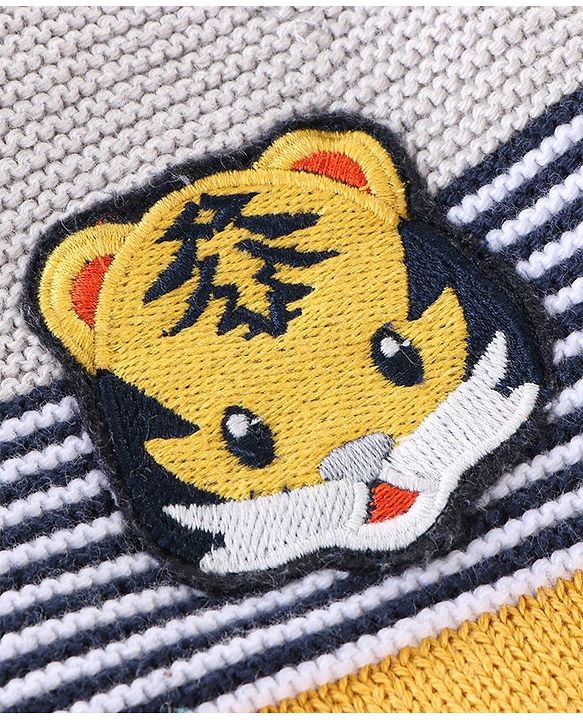 Babyhug Knit Full Sleeves Sweater Stripes Design With Tiger Patch- White Yellow & Blue