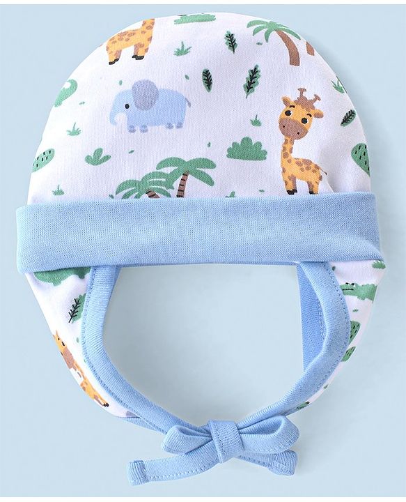 Babyhug 100% Cotton Tie Knot Cap Wild Animal Print - Blue