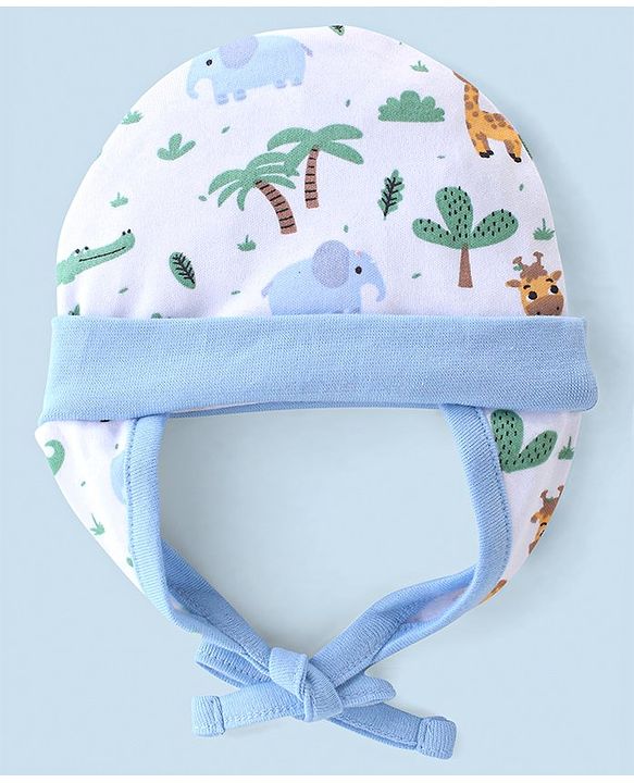 Babyhug 100% Cotton Tie Knot Cap Wild Animal Print - Blue