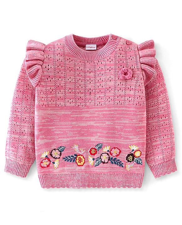 Babyhug 100% Cotton Knit Full Sleeves Sweater with Frill Detailing & Floral Embroidery - Pink