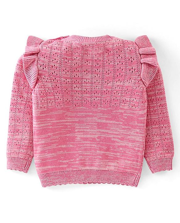 Babyhug 100% Cotton Knit Full Sleeves Sweater with Frill Detailing & Floral Embroidery - Pink