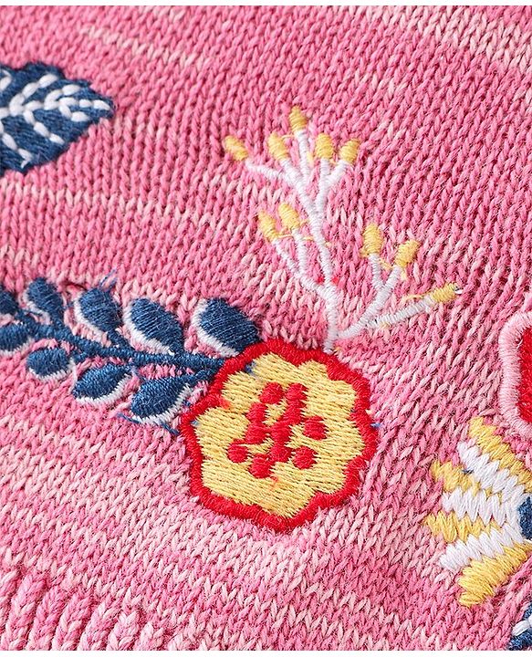 Babyhug 100% Cotton Knit Full Sleeves Sweater with Frill Detailing & Floral Embroidery - Pink