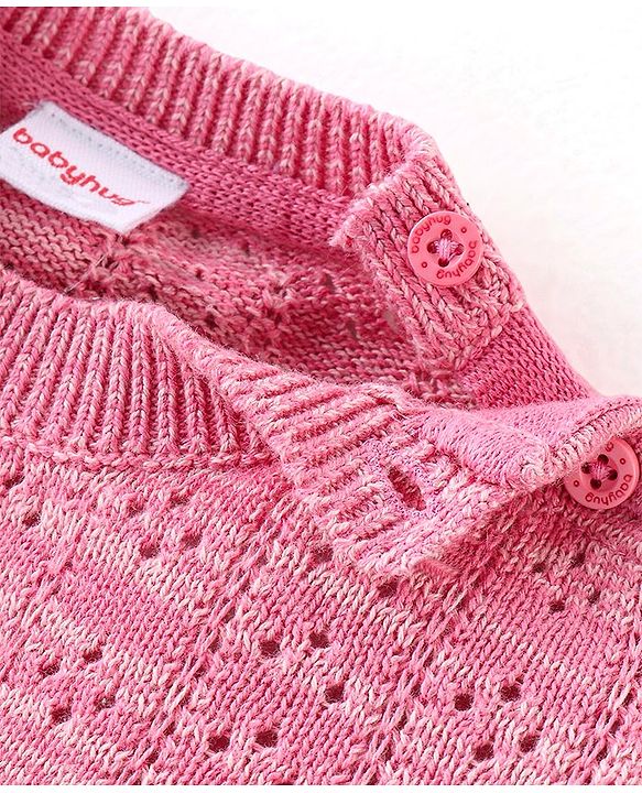 Babyhug 100% Cotton Knit Full Sleeves Sweater with Frill Detailing & Floral Embroidery - Pink