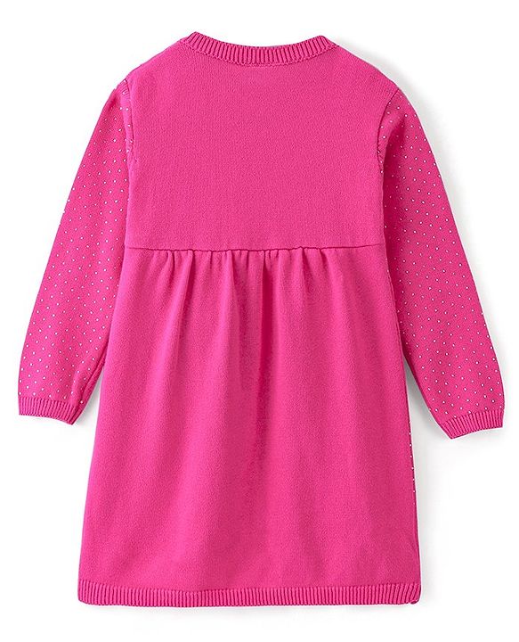 Babyhug 100% Cotton Knit Full Sleeves Dots Printed Woollen Dress - Pink