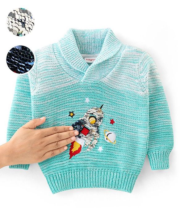 Babyhug Cotton Knit Full Sleeves Sweater with Sequin Design - Blue