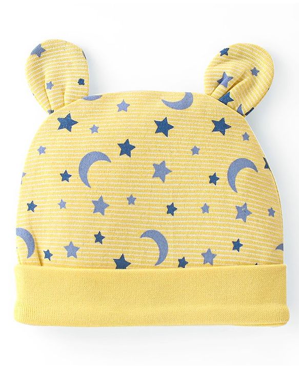 Babyhug 100% Cotton Cap with Ear Applique & Moon Print - Yellow