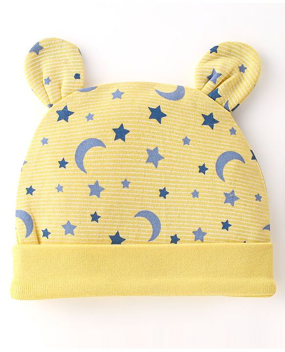 Babyhug 100% Cotton Cap with Ear Applique & Moon Print - Yellow