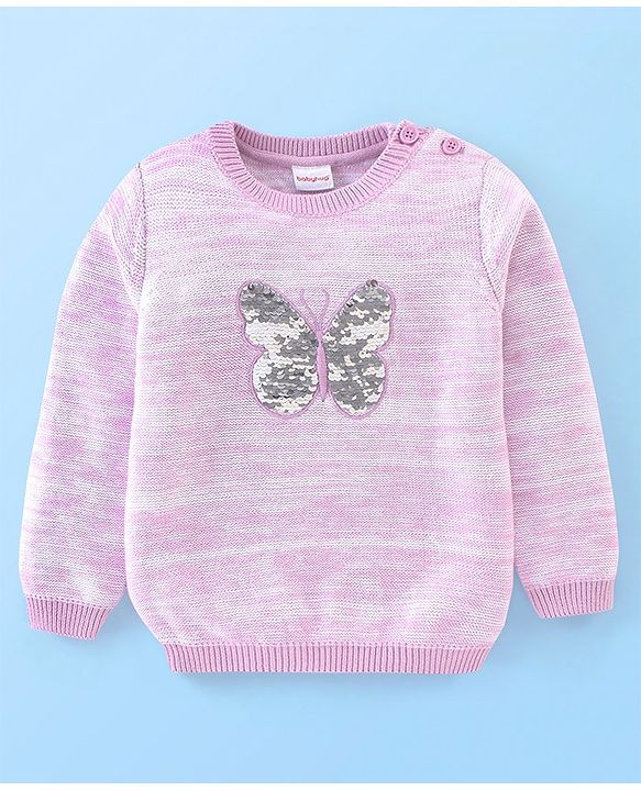 Babyhug Knit Full Sleeves Butterfly Sequined Sweater - Pink