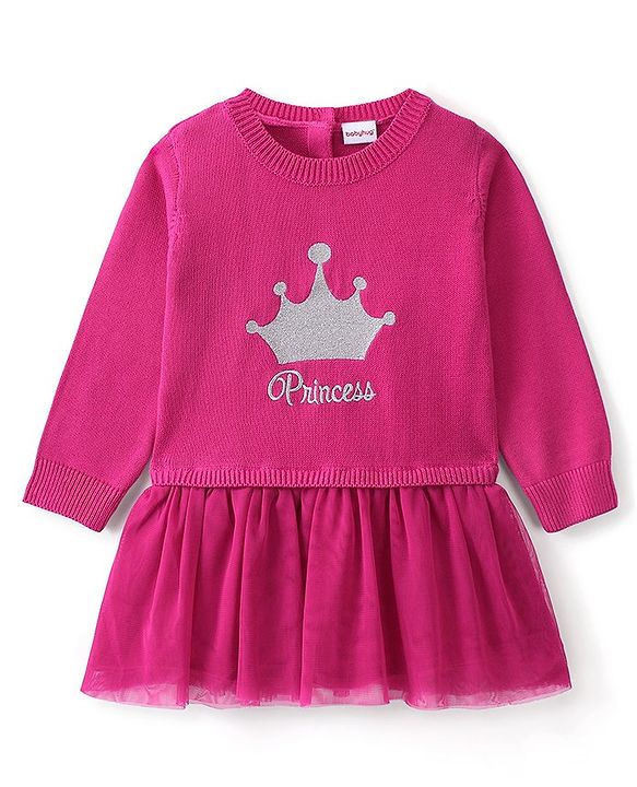 Babyhug Knitted Full Sleeves Woolen Dress with Crown Design - Pink