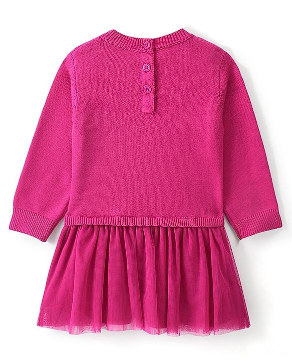Babyhug Knitted Full Sleeves Woolen Dress with Crown Design - Pink